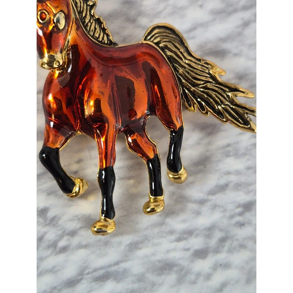Vintage Enamel Horse Brooch Amber Gold Tone Equestrian Pin Accessory Glossy